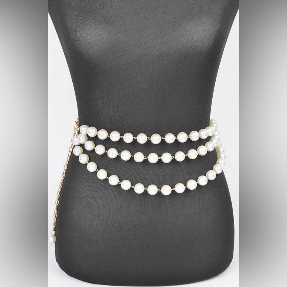 Gold Metal & Pearl Layer Statement Adjustable Chain Belt